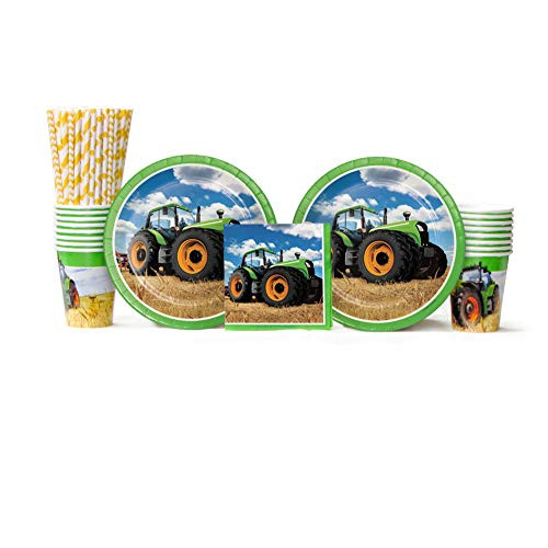 Cedar Crate Market Tractor Time Party Supplies Pack for 16 Guests: Straws, Dinner Plates, Luncheon Napkins, and Cups