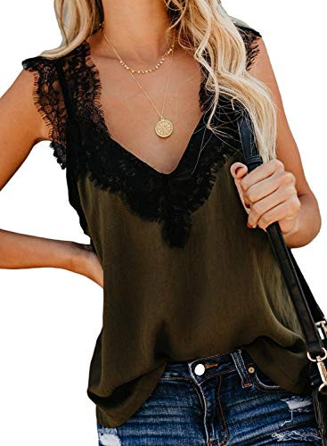 ROSKIKI V Neck Strappy Lace Cami Tank Tops Loose Casual Summer Solid Sleeveless Shirts Blouses Green M