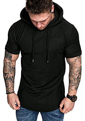 Mens Gym Sweatshirt Athletic Hoodie Short Sleeve Pullover Hooded Workout Sports T-shirt Black- S