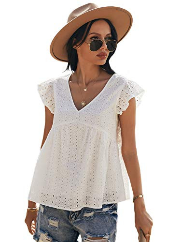 SheIn Women's Sleeveless V Neck Eyelet Embroidery Solid Boho Blouse Shirt Tops White XL
