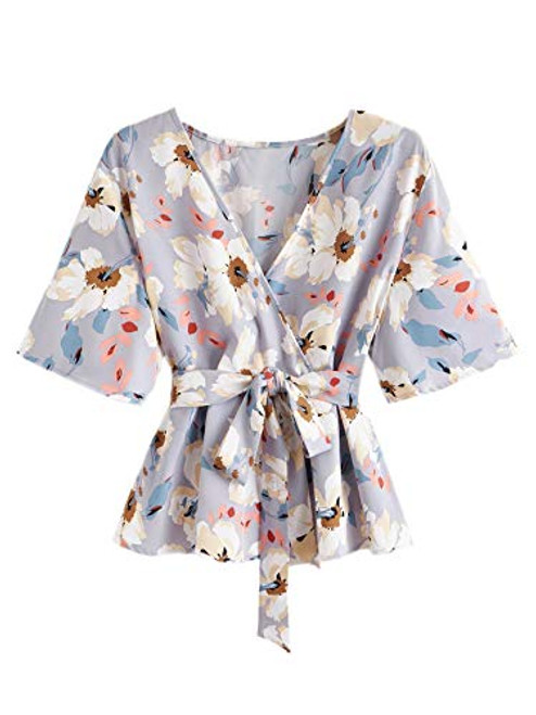 SOLY HUX Women's Plus Size Floral Print Surplice V Neck Short Sleeve Belted Top Blouse Multicoloured 2XL SOLY HUX Women's Plus Size Floral Print Surplice V Neck Short Sleeve Belted Top Blouse Multicoloured 2XL