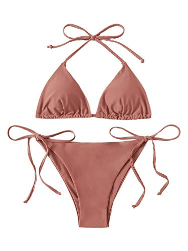 SheIn Women's Swimsuit Halter Triangle Bra with Tie Side Panty Bikini Set Beach Wear Dusty Pink Medium