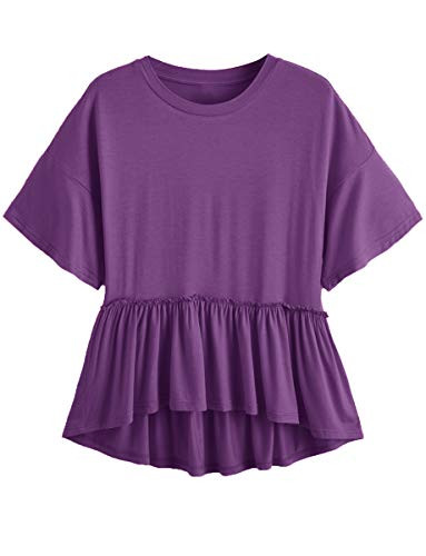 Romwe Women's Loose Ruffle Hem Short Sleeve High Low Peplum Blouse Top Purple S