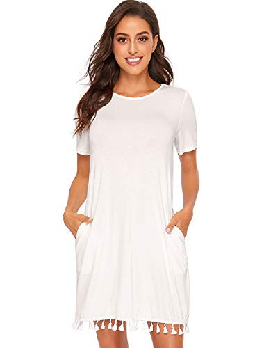 Romwe Women's Summer Short Sleeve Pocket Tassel Hem Loose Tunic T-Shirt Dress White S