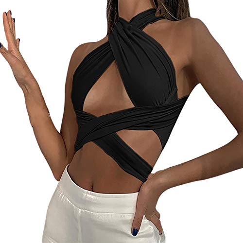 Women's Sexy Criss Cross Bandage Crop Halter Top Self Tie Wrap Tank Top Cut Out Bustier Cami Black Women's Sexy Criss Cross Bandage Crop Halter Top Self Tie Wrap Tank Top Cut Out Bustier Cami Black