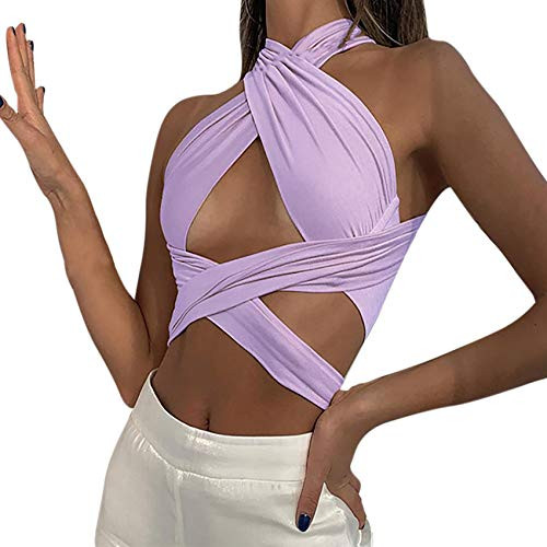 Women's Sexy Criss Cross Bandage Crop Halter Top Self Tie Wrap Tank Top Cut Out Bustier Cami Purple Women's Sexy Criss Cross Bandage Crop Halter Top Self Tie Wrap Tank Top Cut Out Bustier Cami Purple
