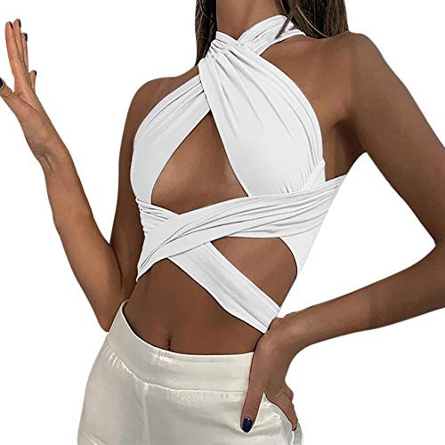 Women's Sexy Criss Cross Bandage Crop Halter Top Self Tie Wrap Tank Top Cut Out Bustier Cami White Women's Sexy Criss Cross Bandage Crop Halter Top Self Tie Wrap Tank Top Cut Out Bustier Cami White