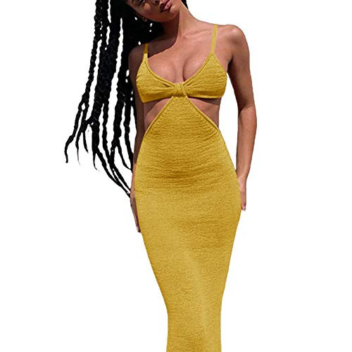 Women 's Sexy Strap Halter Dresses Knitted Mini Dress Backless Bodycon Dress for Women Y2K -Yellow- Medium-