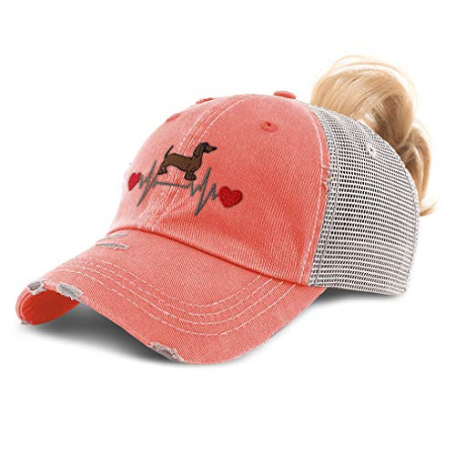 Womens Ponytail Cap Dog Dachshund Lifeline A Embroidery Cotton Distressed Trucker Hats Strap Closure Coral
