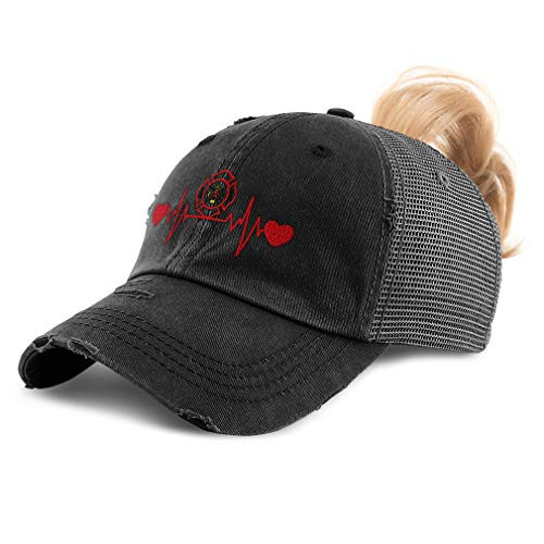 Womens Ponytail Cap Fire Fighter Lifeline A Embroidery Cotton Distressed Trucker Hats Strap Closure Black