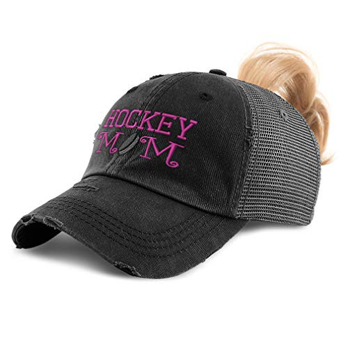 Speedy Pros Womens Ponytail Cap Hockey Mom Mama Pink Embroidery Cotton Distressed Trucker Hats Strap Closure Black