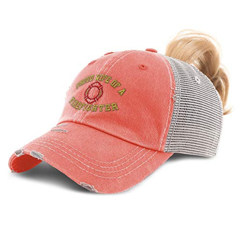 Speedy Pros Womens Ponytail Cap Proud Wife Firefighter Embroidery Cotton Distressed Trucker Hats Strap Closure Coral