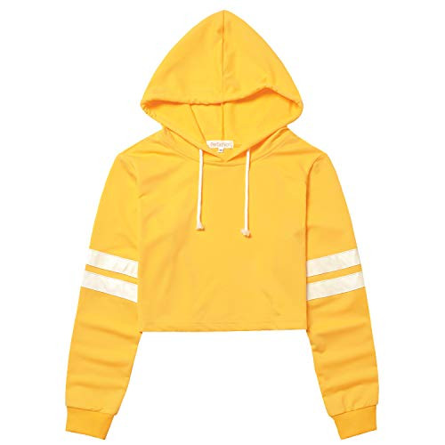 Perfashion Women's Cropped Hoodie Pullover Long Sleeve Loose Striped Crop Tops Pullover Sweatshirt- Yellow- Small