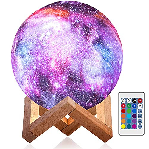 Moon Lamp Kids Night Light Galaxy 3D Star Lamp 16 Colors LED Globe Light with Wood Stand- Touch- Pat and Remote Control USB Rechargeable for Baby Girls