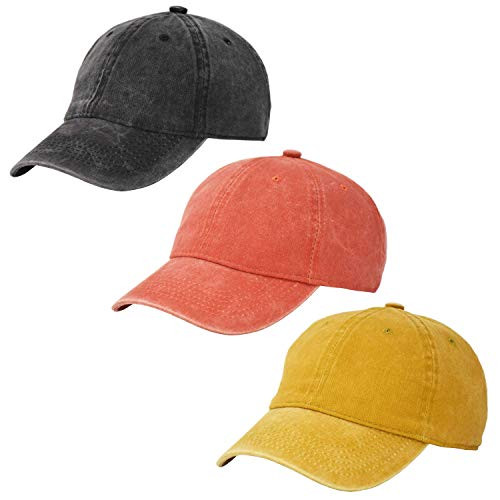 3 Pack Vintage Washed Adjustable Baseball Caps Men and Women- Unstructured Low Profile Plain Classic Dad Hat Black Orange Yellow