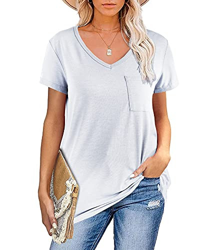 Haloumoning Womens Short Sleeve V Neck Loose Casual Pocket Basic Tee T-Shirts White