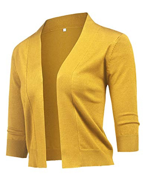 URRU Women's Vintage Cropped Shrug Open Front 4/3 Long Sleeve Bolero Cardigan Sweaters Yellow XL