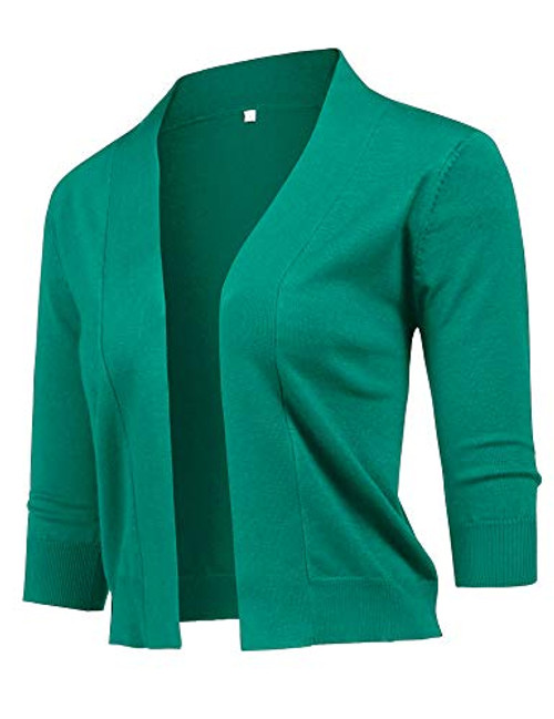 URRU Women's Open Front Cropped 3/4 Sleeve Casual Soft Knit Sweater Classic Basic Bolero Cardigan Green XXL