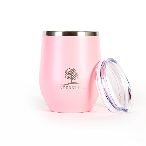 Treebridge Stemless Wine Glass Tumbler | Stainless Steel Double Wall Vacuum Insulated Cup w/BPA Free Lid | Great mug for Wine, Coffee, Ice Cream, or Juice | 12 oz. (Pink)