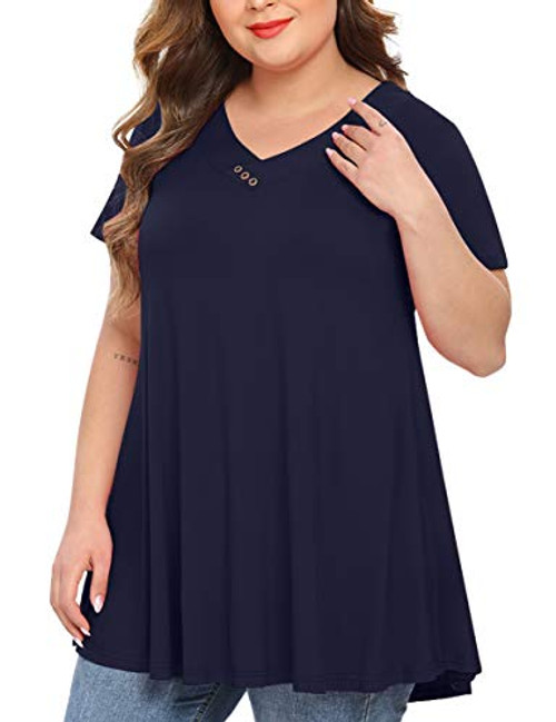 MONNURO Womens Plus Size Short Sleeve V Neck Button Basic Tunic Tops Summer Swing Shirts Blouses for Leggings-Navy Blue-1X-