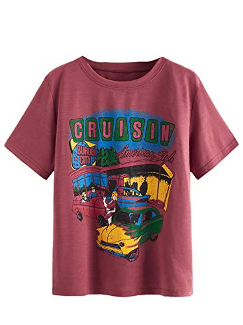 SOLY HUX Women's Car and Letter Graphic Print T-Shirt Casual Summer Short Sleeve Top Red M SOLY HUX Women's Car and Letter Graphic Print T-Shirt Casual Summer Short Sleeve Top Red M