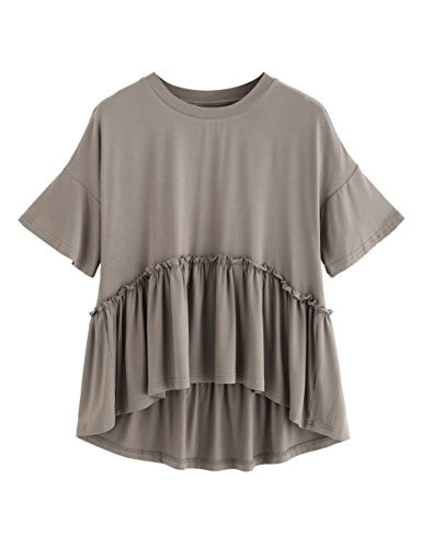 Romwe Women's Loose Ruffle Hem Short Sleeve High Low Peplum Blouse Top Khaki L