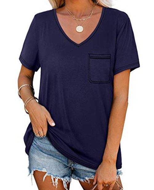 Womens Shirts Short Sleeve Loose Fitting Tops V Neck Navy XXL