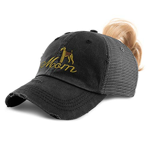 Speedy Pros Womens Ponytail Cap Airedale Terrier Mom Embroidery Cotton Distressed Trucker Hats Strap Closure Black