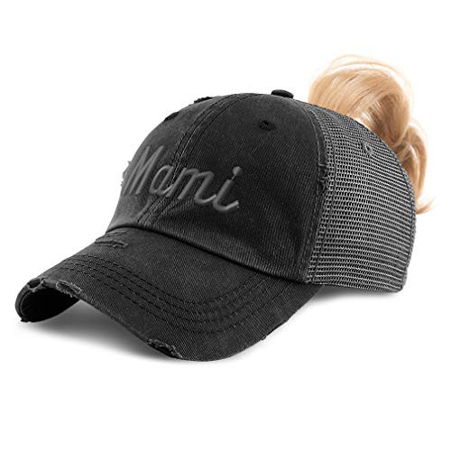 Speedy Pros Womens Ponytail Cap Mami- Mom- Mama- Embroidery Cotton Distressed Trucker Hats Strap Closure Black Design Only