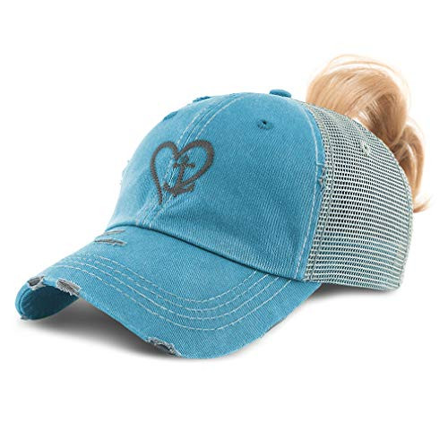 Womens Ponytail Cap Nautical Heart and Anchor B Embroidery Cotton Messy Bun Distressed Trucker Hats Strap Closure Turquoise Design Only