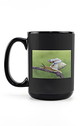 Lantern Press Funny Blue Tree Frog Riding a Snail Shell on a Branch 9019022 -15oz Black Ceramic Mug - Dishwasher and Microwave Safe-