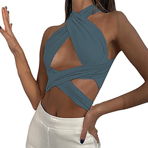 Women's Sexy Criss Cross Bandage Crop Halter Top Self Tie Wrap Tank Top Cut Out Bustier Cami Blue Women's Sexy Criss Cross Bandage Crop Halter Top Self Tie Wrap Tank Top Cut Out Bustier Cami Blue