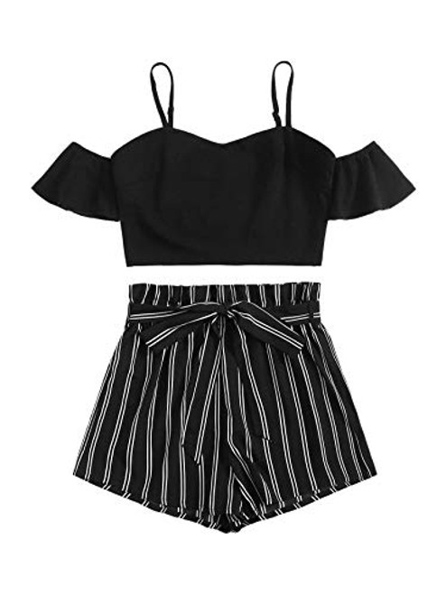 MakeMeChic Women Off Shoulder Cami Crop Top  and  Paperbag Waist Shorts 2 Piece Romper Outfit Black S