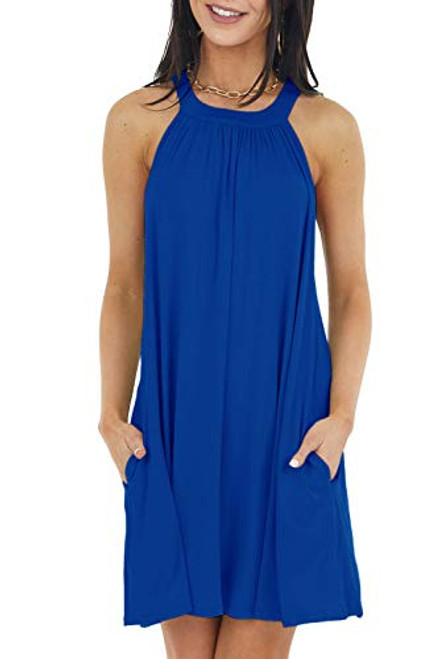 ReachMe Womens Casual Halter Neck Mini Dress Summer Sleeveless Swing Dress with Pockets -Royal Blue-M-