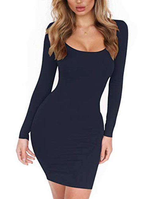 Haola Women's Scoop Neck Long Sleeve Midi Party Bodycon Dress Lady Strench Club Dress Navy Blue L Haola Women's Scoop Neck Long Sleeve Midi Party Bodycon Dress Lady Strench Club Dress Navy Blue L