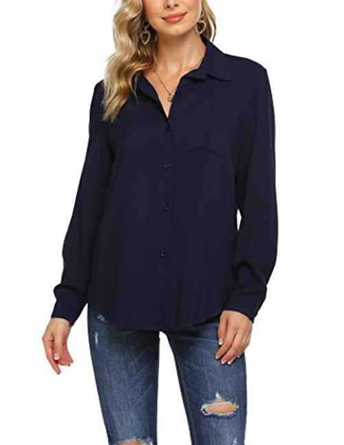 Hotouch Womens Button Down V Neck Shirts Long Sleeve Dress Shirt Casual Plus Size Collared Shirts with Pockets Navy Blue XL