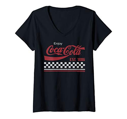 Womens Coca-Cola Established 1886 Checkerboard Logo V-Neck T-Shirt