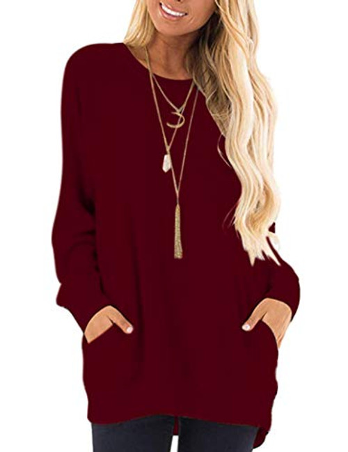 MISFAY Womens Casual Long Sleeve Round Neck Pocket T Shirts Blouses Tunic Sweatshirt Tops With Pocket -XL- Burgundy-