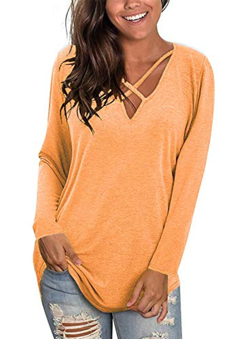 Womens V Neck Long Sleeve Shirts Sexy Criss Cross Tunic Tops Casual Cotton Tees T Shirts -X-Large- Orange-