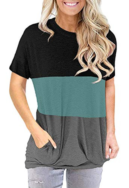 onlypuff Comfy Cute Stripe Shirt for Women Pocket Tee Shirt Green Black Tunic Tops Loose L