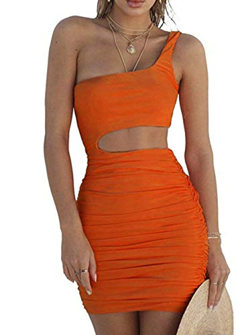 PRIMODA Women's Sexy One Shoulder Sleeveless Cutout Ruched Club Dress Bodycon Mini Dress-Orange-L-