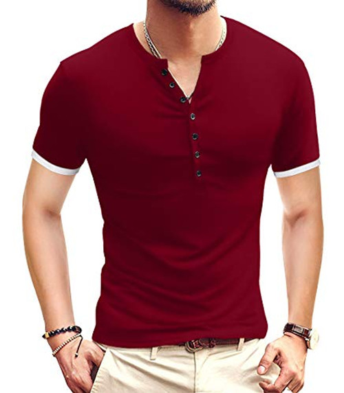 YTD Mens Casual Slim Fit Basic Henley Short Sleeve Fashion Summer T-Shirt M Wine Red YTD Mens Casual Slim Fit Basic Henley Short Sleeve Fashion Summer T-Shirt M Wine Red
