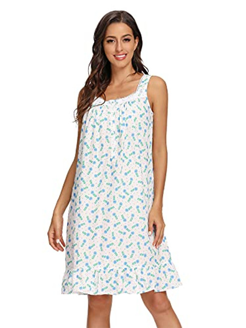 Cotton Nightgowns for Women Sleeveless Nightgown Comfy Night Dress Sleepwear Summer Night Gown Lightweight Lounge Dress Nightshirt Cute Sleep Dress Casual Victorian Gown Print Blue XXL