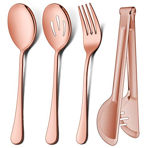LIANYU 3 Large Copper Serving Spoons- 3 Copper Slotted Serving Spoons- 3 Copper Serving Forks- 3 Copper Serving Tongs- 9.8 Inch Stainless Steel Buffet Catering Serving Spoon Fork Set- Dishwasher Safe