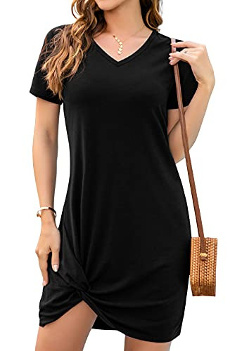 WANGZHI Women Summer Short Sleeve Loose Tshirt Dress V Neck Front Knot Twist Casual Dresses -Black-Small-