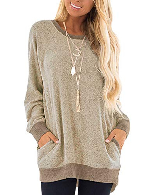 WEKILI Women's Color Block Long Sleeve Tunic Tops Crew Neck Sweatshirt Pockets Loose Casual Blouse Shirts Khaki XXL WEKILI Women's Color Block Long Sleeve Tunic Tops Crew Neck Sweatshirt Pockets Loose Casual Blouse Shirts Khaki XXL