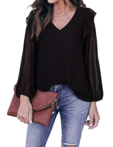 Furnex Womens Black Blouse- Elegant Long Sleeve Shirts for Women Office Wear Sexy V Neck Tunics for Leggings Summer Dressy Blouse for Work Petite Ruffle Shirt Solid Color Tunic Tops Professional