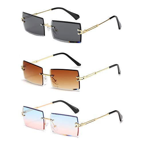 Heptagram Rimless Rectangle Sunglasses for Women Square Fashion Frameless Small Vintage Buffs Glasses for Men shades -Brown and Grey and Blue Pink-