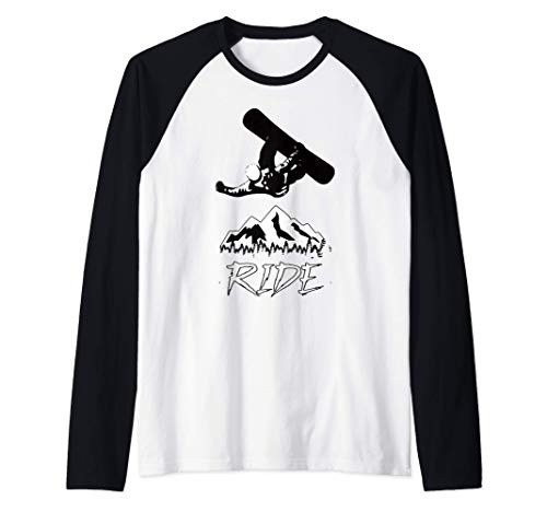Snowboarder Jumps Grabbing Board Riding by Mountain Trees Raglan Baseball Tee