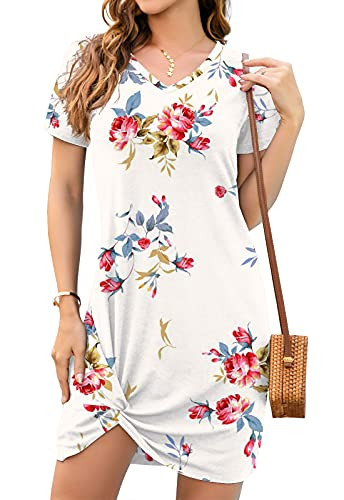 WANGZHI Women Summer Short Sleeve Loose Tshirt Dress V Neck Front Knot Twist Casual Dresses -YH-White-Large-